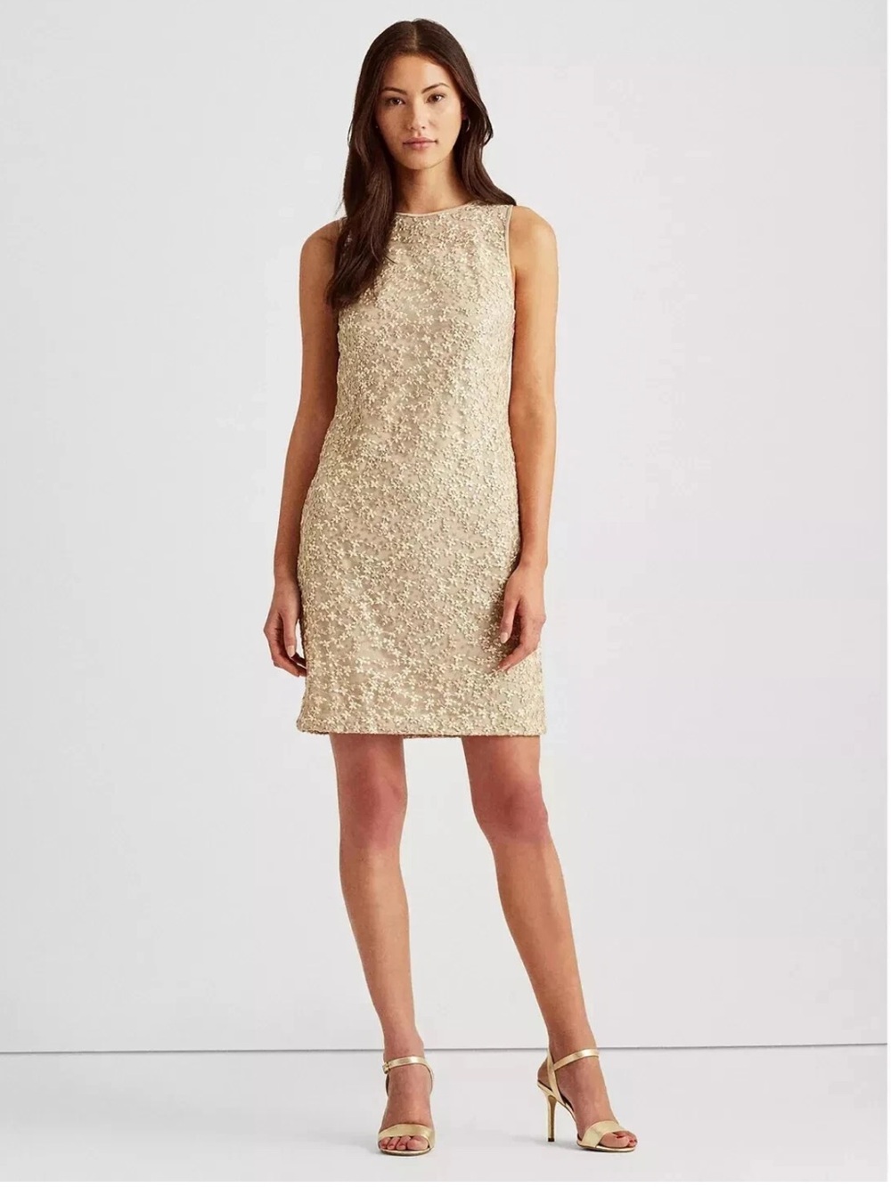 Lauren Ralph Lauren Sequined Floral Cocktail Dress Color Champagne/Silver Size 2